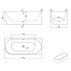 Vaňa ku stene VSV002, 170 x 75 x 58cm, akryl